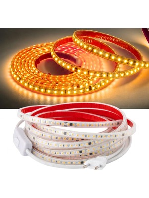 Burul Şerit LED Amber 2.5 Metre 220V Yüksek Parlaklık 120 LED/m Tak Çalıştır Fişli Anahtarlı Silikonlu İç/Dış Mekan Yapışkanlı SB-6508