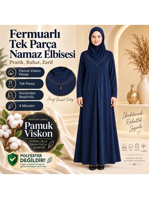 Arvares Kadın Fermuarlı Tek Parça Kendinden Başörtülü Pamuk Viskon Penye Namaz Elbisesi Lacivert