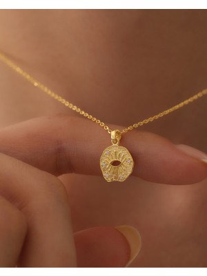 missamori 925 Ayar Gümüş Gold Kaplama Güneş Göz Motifli Zirkon Taşlı Madalyon Kolye