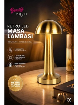 Mantar Lamba, 3 Kademeli Işık, USB Şarjlı, Dokunmatik LED Lamba, Kablosuz Gece Lambası, Gold Masa Lambası, Mantar Model Lamba, Başucu Lambası, Dekoratif Salon Lambası, Otel-Restaurant-Lokanta