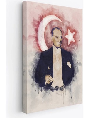 Cepahir Mustafa Kemal Atatürk ve Türk Bayrağı Suluboya Görünümlü Dekoratif Kanvas Tablo-Cy-76