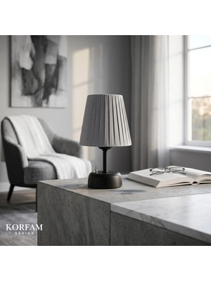 KorFam Gri Keten Kumaş Pilli Masa & Gece Lambası