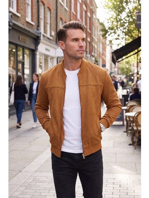 Deepsea Erkek Slim Fit Likralı Taba Süet Ceket – Kırışmayan Ütü Gerektirmeyen Mevsimlik Mont 2504334