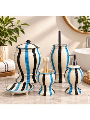 Red Seramik Naomi Collection Çizgili 5 Parça Banyo Seti Mavi/siyah
