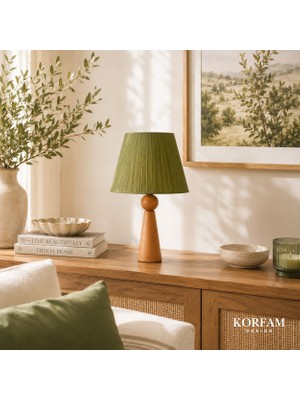 KorFam Yeşil Keten Kumaş Başlıklı Ahşap Abajur