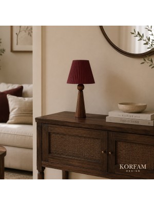 KorFam Bordo Keten Kumaş Başlıklı Ahşap Abajur