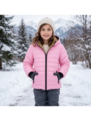 Merdia Kids Kız Çocuk Düz Çizgili Su ve Rüzgar Geçirmez Içi Kürklü Mont