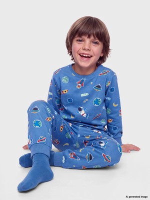 Lc Waikiki Yeni Sezon Mavi Bisiklet Yaka Baskılı Erkek Çocuk Pijama Takımı