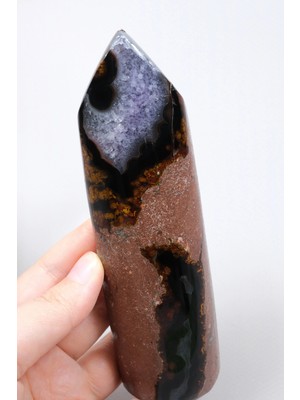 Healcrystal Mor Ametist Akik Kule Noktası, Siyah Çizgili ve Mor Druzy ile Cilalanmış Obelisk, 223G