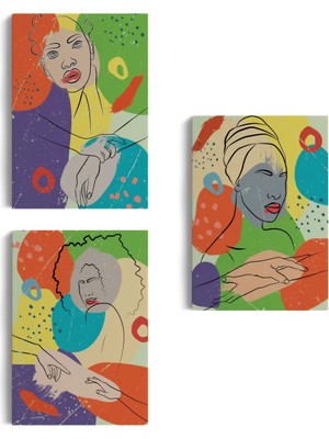 Cepahir Pop Art Afrika Kadın Renkli Portre 3 Lü Duvar Tablo Seti -Ag-7