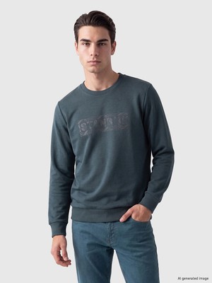 Lc Waikiki Yeni Sezon Yeşil Bisiklet Yaka Baskılı Erkek Kalın Sweatshirt