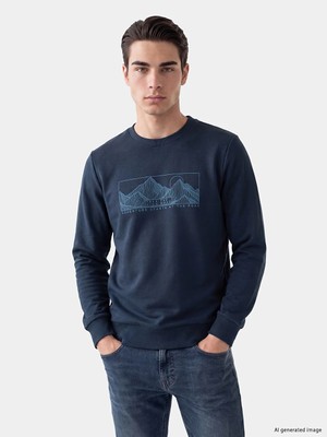 Lc Waikiki Yeni Sezon Petrol Bisiklet Yaka Baskılı Erkek Kalın Sweatshirt