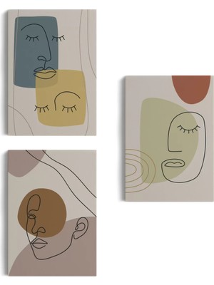Cepahir 3’lü Tablo Minimal Şekiller ve Çizgi Sanat Yüzleri Soyut Sanat Tablo Seti-Ap-16
