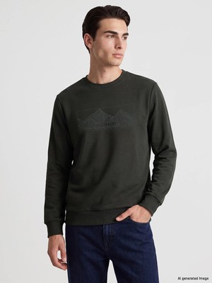 Lc Waikiki Yeni Sezon Yeşil Bisiklet Yaka Baskılı Erkek Kalın Sweatshirt