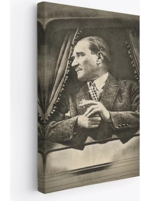 Cepahir Mustafa Kemal Atatürk'ün Karakalem Görünümlü Portre Çizimi Dikdörtgen Dekoratif Kanvas Tablo-De-82