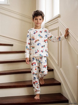 Lc Waikiki Yeni Sezon Ekru Bisiklet Yaka Baskılı Erkek Çocuk Pijama Takım