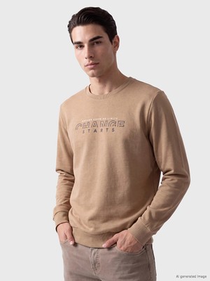 Lc Waikiki Yeni Sezon Bej Bisiklet Yaka Baskılı Sweatshirt