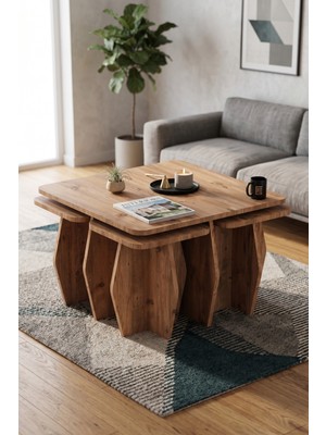 Bezos Professional Orta Sehpa ve Zigon Sehpa 5'li Set Modern Çok Amaçlı Salon Oturma Odası Yan Sehpa 9248 Atlantik Çam