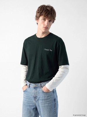 Lc Waikiki Yeni Sezon Yeşil Bisiklet Yaka Baskılı Erkek Sweatshirt