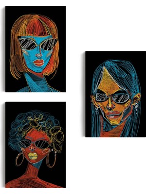 Cepahir Renkli Pop Art Kadınlar Dekoratif Duvar Tablosu Üçlü SET-EU-120