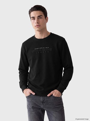 Lc Waikiki Yeni Sezon Siyah Bisiklet Yaka Baskılı Erkek Sweatshirt