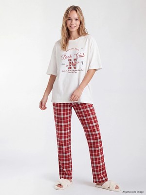 Lc Waikiki Yeni Sezon Kırmızı Bisiklet Yaka Baskılı Kadın Pijama Takımı