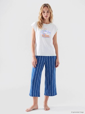 Lc Waikiki Yeni Sezon Lacivert Bisiklet Yaka Baskılı Kadın Kaprili Pijama Takımı