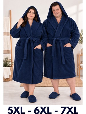 Lacivert Renkli Mega Battal Beden Unisex %100 Pamuklu Kapüşanlu Lüks Bornoz (5xl-6xl-7xl Beden)