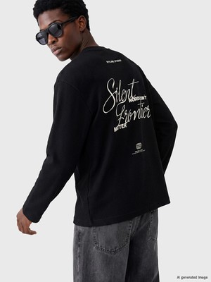 Lc Waikiki Yeni Sezon Siyah Bisiklet Yaka Baskılı Erkek Sweatshirt