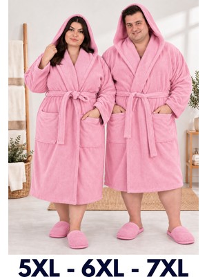 Pembe Renkli Mega Battal Beden Unisex %100 Pamuklu Kapüşanlu Lüks Bornoz (5xl-6xl-7xl Beden)