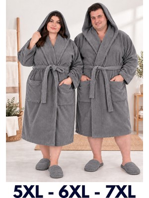 Gri Renkli Mega Battal Beden Unisex %100 Pamuklu Kapüşanlu Lüks Bornoz (5xl-6xl-7xl Beden)