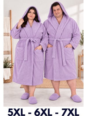 Lila Renkli Mega Battal Beden Unisex %100 Pamuklu Kapüşanlu Lüks Bornoz (5xl-6xl-7xl Beden)
