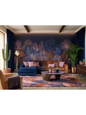 Desenlik Lacivert Kaktüs ve Tropikal Bitkiler Duvar Kağıdı - Salon ve Yatak Odası MWC2204 - 150 x 100 cm