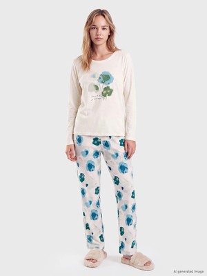 Lc Waikiki Yeni Sezon Ekru Bisiklet Yaka Çiçekli Kadın Pijama Takımı