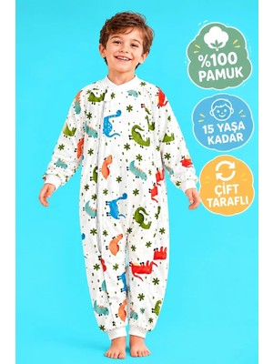 Mini Kiti Dinozorlu Çocuk Bebek Uyku Tulumu %100 Pamuk Uzun Kol Desenli Beyaz Renk Yumuşak Dokulu