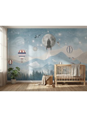Desenlik Mavi Dağlar Roket ve Hava Balonları Bebek Odası Duvar Kağıdı - Erkek Çocuk Odası MWC1114 - 150 x 100 cm