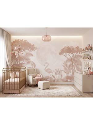 Desenlik Pudra Flamingo Ay ve Tropik Orman Bebek Odası Duvar Kağıdı - Kız Çocuk Odası MWC1030 - 150 x 100 cm