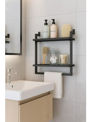 40X20 cm Banyo Rafı, Duvara Monte Havluluk, 2 Katlı Dekoratif Düzenleyici Organizer, Siyah Metal (Antrasit)