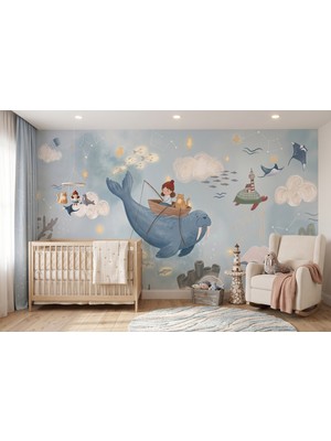 Desenlik Mavi Deniz Masalı Mors ve Tekne Bebek Odası Duvar Kağıdı - Kız Çocuk Odası MWC1032 - 150 x 100 cm