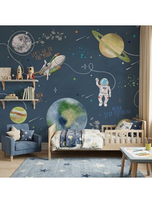 Desenlik Lacivert Uzay Astronot ve Roket Bebek Odası Duvar Kağıdı - Erkek Çocuk Odası MWC1112 - 150 x 100 cm