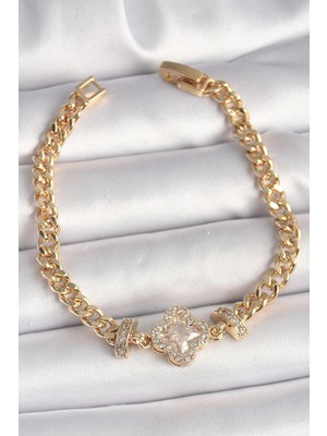 Zenviaa Mey Ithalat® Pirinç Gold Renk Zirkon Taşlı Yonca Figür Zincir Model Kadın Bileklik Zn