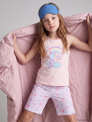 Lc Waikiki Yeni Sezon Pembe Bisiklet Yaka Baskılı Kız Çocuk Şortlu Pijama Takımı
