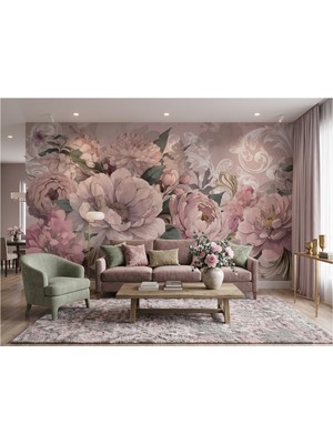Desenlik Pudra Pembe Büyük Çiçekler ve Klasik Motifler Duvar Kağıdı - Salon ve Yatak Odası MWC2102 - 150 x 100 cm