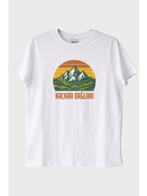 lofux KAÇKAR DAĞLARI Retro Doğa Baskılı Beyaz Tişört