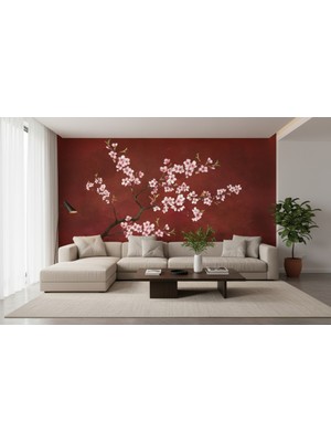 Desenlik Bordo Zeminli Pembe Sakura Çiçekleri Duvar Kağıdı - Salon ve Yatak Odası MWC2101 - 150 x 100 cm