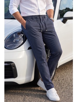 RizzUP Erkek Slim Fit Çizgili Koyu Lacivert Kumaş Pantolon – Ipli Esnek Bel Likralı Spor Pantolon 2700240