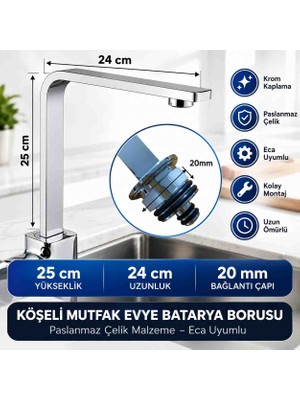Trendexa Krom Köşeli Mutfak Evye Batarya Borusu 25X25 cm Paslanmaz Çelik Eca Uyumlu 20 mm