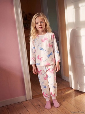 Lc Waikiki Yeni Sezon Ekru Bisiklet Yaka Baskılı Kız Çocuk Pijama Takımı