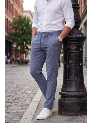 Deepsea Erkek Slim Fit Çizgili Mavi Kumaş Pantolon – Ipli Esnek Bel Likralı Spor Pantolon 2700240