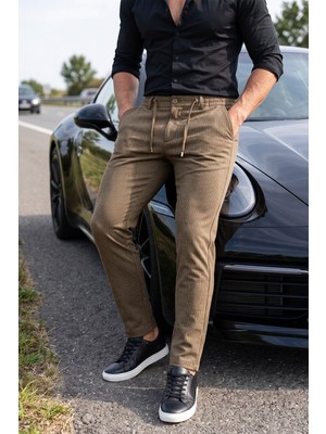 Deepsea Erkek Slim Fit Çizgili Açık Kahve Kumaş Pantolon – Ipli Esnek Bel Likralı Spor Pantolon 2700240